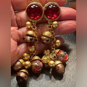 Vintage Gold Tone Acorns Eggs Murano Charm Acrylic Cabachon Dangle Drop Earrings
